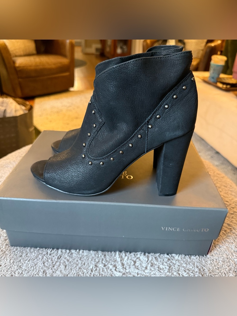 Vince Camuto Black Leather open Toe ankle boots Booties Size 10